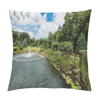 Personality  Water Splash Near Fountain In Lake Near Pines And Water Lily Leaves  Pillow Covers