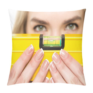 Personality  Young Woman With Level Tool  Pillow Covers