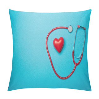 Personality  Top View Of Decorative Heart And Red Stethoscope On Blue Background, World Health Day Concept Pillow Covers