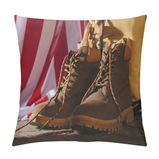 Personality  Close-up View Of Trekking Boots, Backpack And American Flag On Wooden Surface, Travel Concept  Pillow Covers