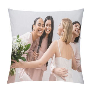 Personality  Wedding Preparations, Happy Bride With Bouquet Hugging Cheerful Multicultural Bridesmaids With Champagne On Grey Background, Dress Fitting, Bridesmaid Gowns, Wedding Dress, Diversity  Pillow Covers