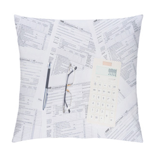 Personality  Top View Of Calculator, Pen And Glasses With Tax Forms On Background Pillow Covers