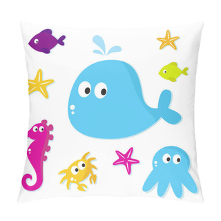 Personality  Cartoon Sea Fishes And Animals Icons Isolated On White Backgroun Pillow Covers