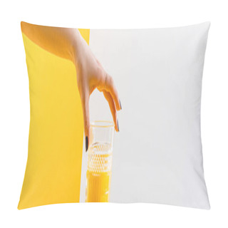 Personality  Cropped View Of Woman Holding Glass Of Fresh Delicious Yellow Smoothie On Grey And Yellow Background, Panoramic Shot Pillow Covers