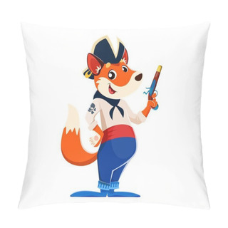 Personality  Cartoon Funny Fox Animal Pirate Sailor Character. Isolated Vector Sea Corsair Personage With Charismatic Smile, Tricorn Hat, Neck Bandana, Skull And Pistol Gun In Hand, Exuding Roguish Vulpine Charm Pillow Covers