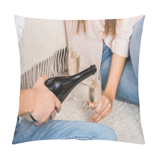 Personality  Partial View Of Man Pouring Champagne Into Glass While Sitting On Floor Together With Girlfriend At Home Pillow Covers