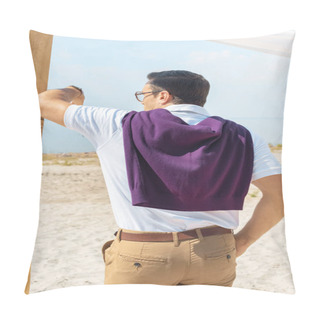 Personality  Back View Of Man Looking Away On Sandy Beach Pillow Covers