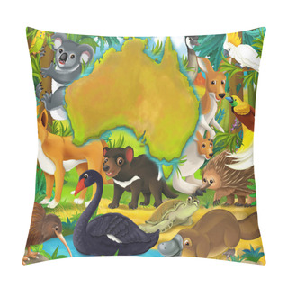 Personality  Cartoon Australian Animals - Continent Map - Frame For Title - Illustration For Children Pillow Covers