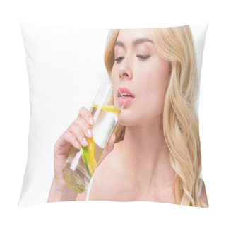 Personality  Woman Drinking Water With Lemon From Glass Pillow Covers