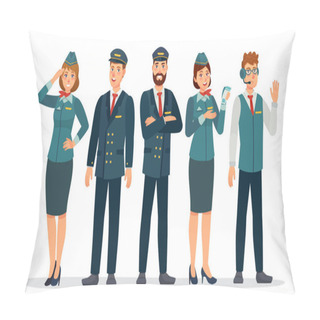 Personality  Aircraft Staff. Air Crew In Uniforms Pilots, Stewardesses And Flight Attendant. Group Of Airport Employee. Airline Personnel Vector Concept Pillow Covers
