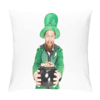 Personality  Excited Leprechaun In Green Suit Holding Pot Of Gold, Isolated On White  Pillow Covers