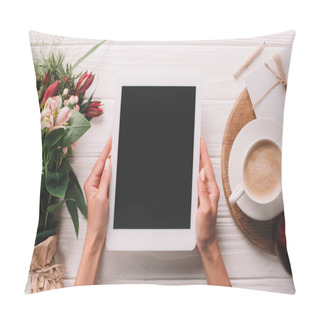 Personality  Partial View Of Woman Holding Tablet With Blank Screen At Surface With Wrapped Bouquet Of Flowers And Cup Of Coffee Pillow Covers