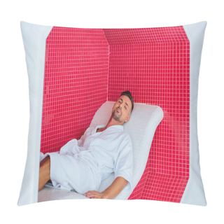 Personality  Handsome Man Lying On Deck Chair Near Mosaic Wall In Spa Pillow Covers