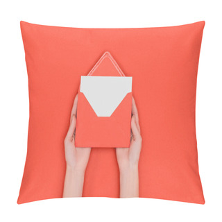 Personality  Partial Top View Of Person Holding Red Envelope With Blank White Card Isolated On Red Pillow Covers