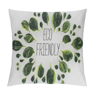 Personality  Top View Of Green Leaves And Eco Friendly Inscription On Grey Pillow Covers