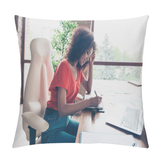 Personality  Portrait Of Pretty Charming Woman Sitting At Desktop In Modern Office With Panoramic Windows Writing In Organizer Date Of Meeting Planning Day Week Pillow Covers