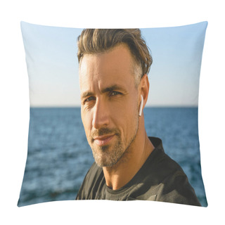Personality  Close-up Portrait Of Adult Man With Wireless Earphones On Seashore Looking At Camera Pillow Covers