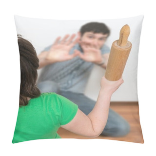 Personality  Angry Woman Is Attacking Henpecked Man With A Roller Pin. Divorce Concept. Pillow Covers