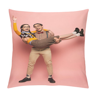 Personality  Excited Nerd In Eyeglasses Holding Girlfriend On Hands On Pink Pillow Covers