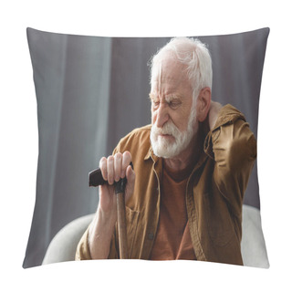 Personality  Lonely Senior Man Sitting With Closed Eyes, Touching Neck And Holding Walking Stick  Pillow Covers