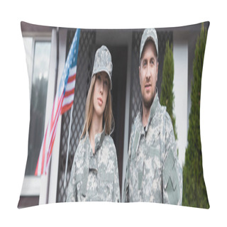Personality  Military Couple In Uniforms Standing Together And Looking At Camera Near House, Banner Pillow Covers
