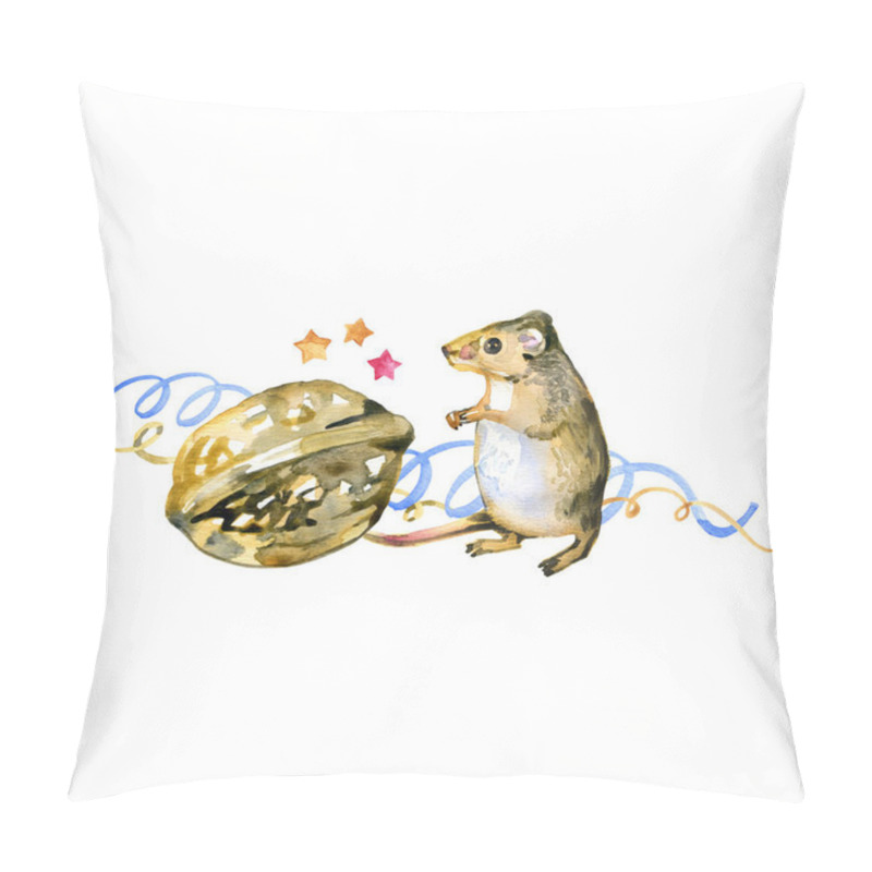 Personality  hand drawn isolated watercolor illustration on the white background. Nutcracker christmas theme. Cute mouse with nut. pillow covers
