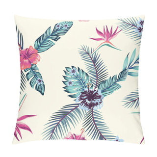 Personality  Exotic Flower Hibiscus, Plumeria, Frangipani, Bird Of Paradise. Blue Leaves Seamless Pattern Light Yellow Background. Trendy Vector Wallpaper Pillow Covers