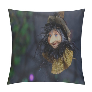 Personality  Halloween Holiday Background. A Figurine Of Flying Aged Witch With Kindness Face On A Dark Blurred Background Of Cobwebs. Concept Of All Hallows Eve. Pillow Covers