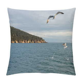Personality  Blurred Gull Flying Above Sea And Birds Near Princess Islands In Turkey  Pillow Covers