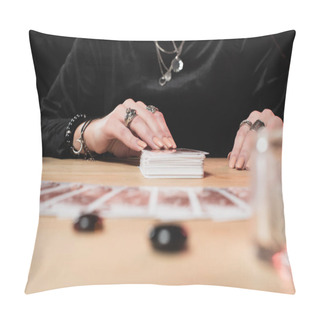 Personality  Selective Focus Of  Female Psychic Laying Tarot Cards Near Divination Stones Pillow Covers