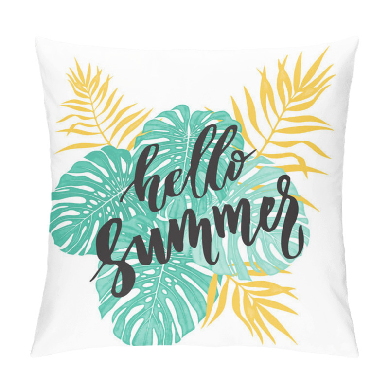 Personality  Hello Summer Card With Tropical Leaf Seamless Pattern. Pillow Covers