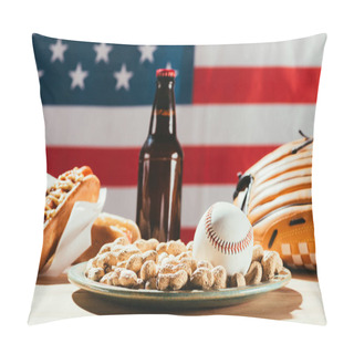 Personality  Close-up View Of Baseball Ball On Plate With Peanuts And Beer Bottle With Hot Dog Behind Pillow Covers