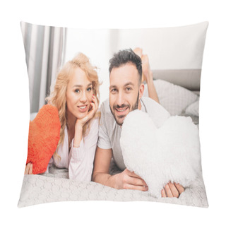 Personality  Smiling Couple Holding Toy Hearts And Lying On Bed Pillow Covers