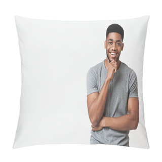 Personality  Interested Smiling African-american Man Touching Chin, Copy Space Pillow Covers