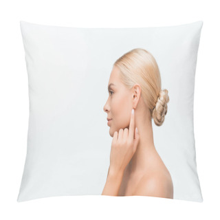 Personality  Side View Of Naked Young Woman Pointing With Finger At Ear Isolated On White  Pillow Covers