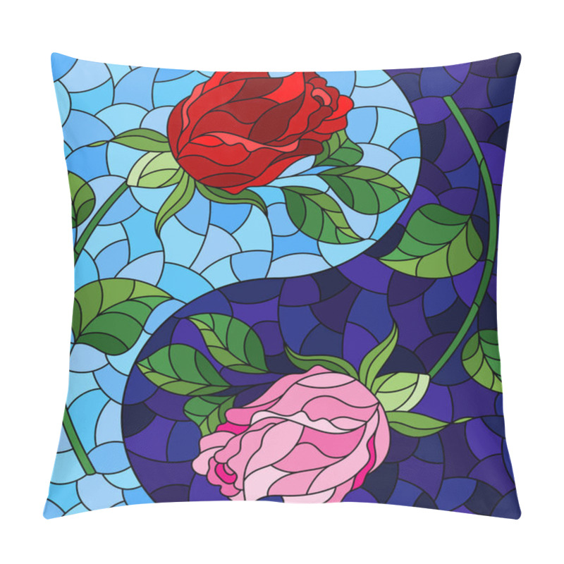 Personality  Illustration in stained glass style with rose flowers in the form of a Yin Yang sign on a blue background, rectangular image pillow covers