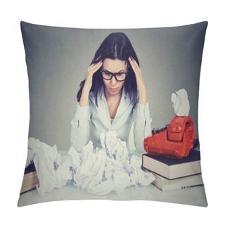 Personality  Too Much Work Stressed Woman Sitting At Her Disorganized Desk With Books And Many Paper Balls  Pillow Covers