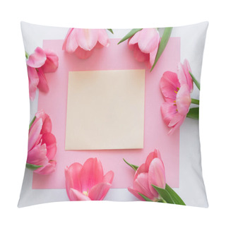 Personality  Top View Of Frame With Tulips Near Yellow Envelope On White  Pillow Covers