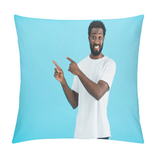 Personality  Cheerful African American Man Pointing Isolated On Blue Pillow Covers