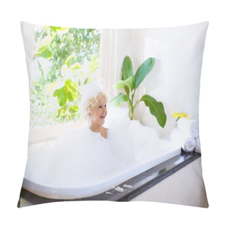 Personality  Little Child Taking Bubble Bath In Beautiful Bathroom With Big Garden View Window. Kids Hygiene. Shampoo, Hair Treatment And Soap For Children. Kid Bathing In Large Tub. Baby Boy With Foam In Hair. Pillow Covers