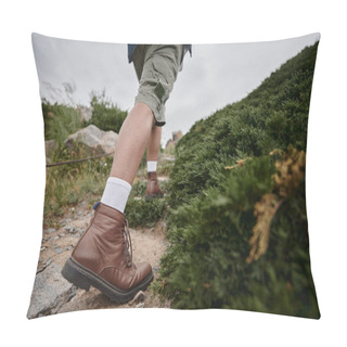 Personality  Wild Nature, Cropped View Of Hiker Walking In Brown Boots With White Socks, Adventure, Traveler Pillow Covers