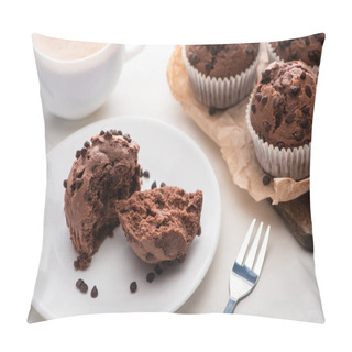 Personality  Fresh Chocolate Muffins On Wooden Cutting Board Near Plate, Fork And Coffee Pillow Covers
