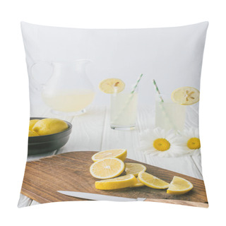 Personality  Close Up View Of Daisies And Lemonade In Glasses On White Wooden Surface On Grey Backdrop Pillow Covers
