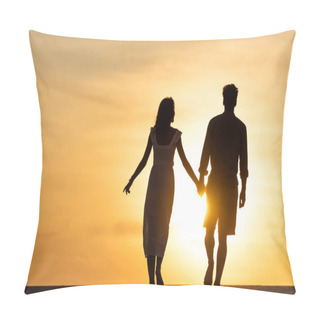 Personality  Silhouettes Of Man And Woman Holding Hands While Walking On Beach Against Sun During Sunset Pillow Covers