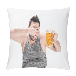 Personality  Overweight Man Covering Face With Hand And Holding Glass Of Beer On White Pillow Covers