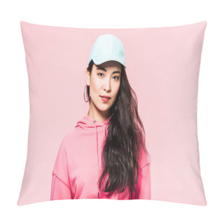 Personality  Attractive Asian Woman In Pink Pullover And Cap Looking At Camera Isolated On Pink  Pillow Covers