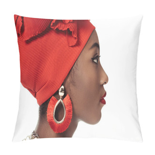 Personality  Side View Of Young African American Woman In Wire Head Wrap Isolated On White Pillow Covers