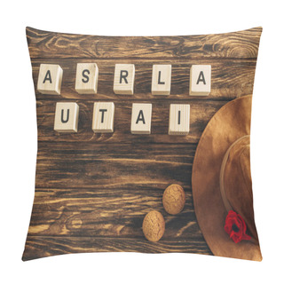 Personality  Top View Of Artificial Flower, Felt Hat And Cookies Near Cubes With Australia Lettering On Wooden Surface, Anzac Day Concept  Pillow Covers