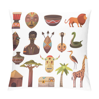 Personality  Africa. African Images. Vector Icons. Giraffe, Mask, Man, Snake, Vase, Lion, House, Palm, Baobab Pillow Covers