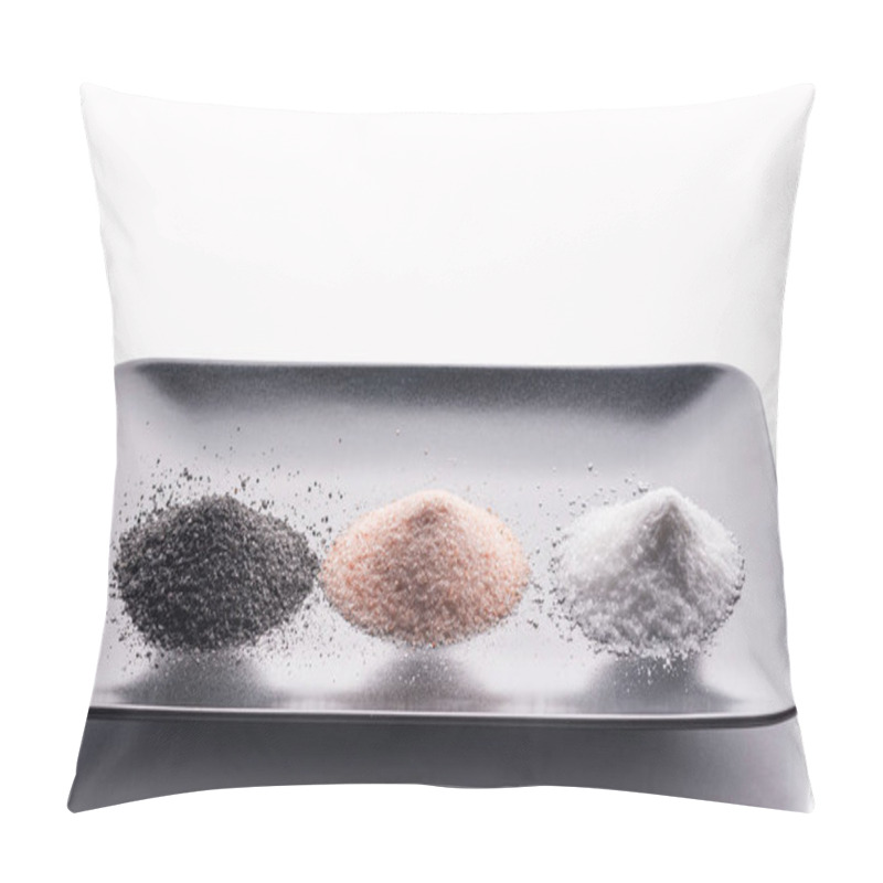 Personality  On A Black Plate Are Three Types Of Salt - Black, Pink And White. On A White Background. Pillow Covers